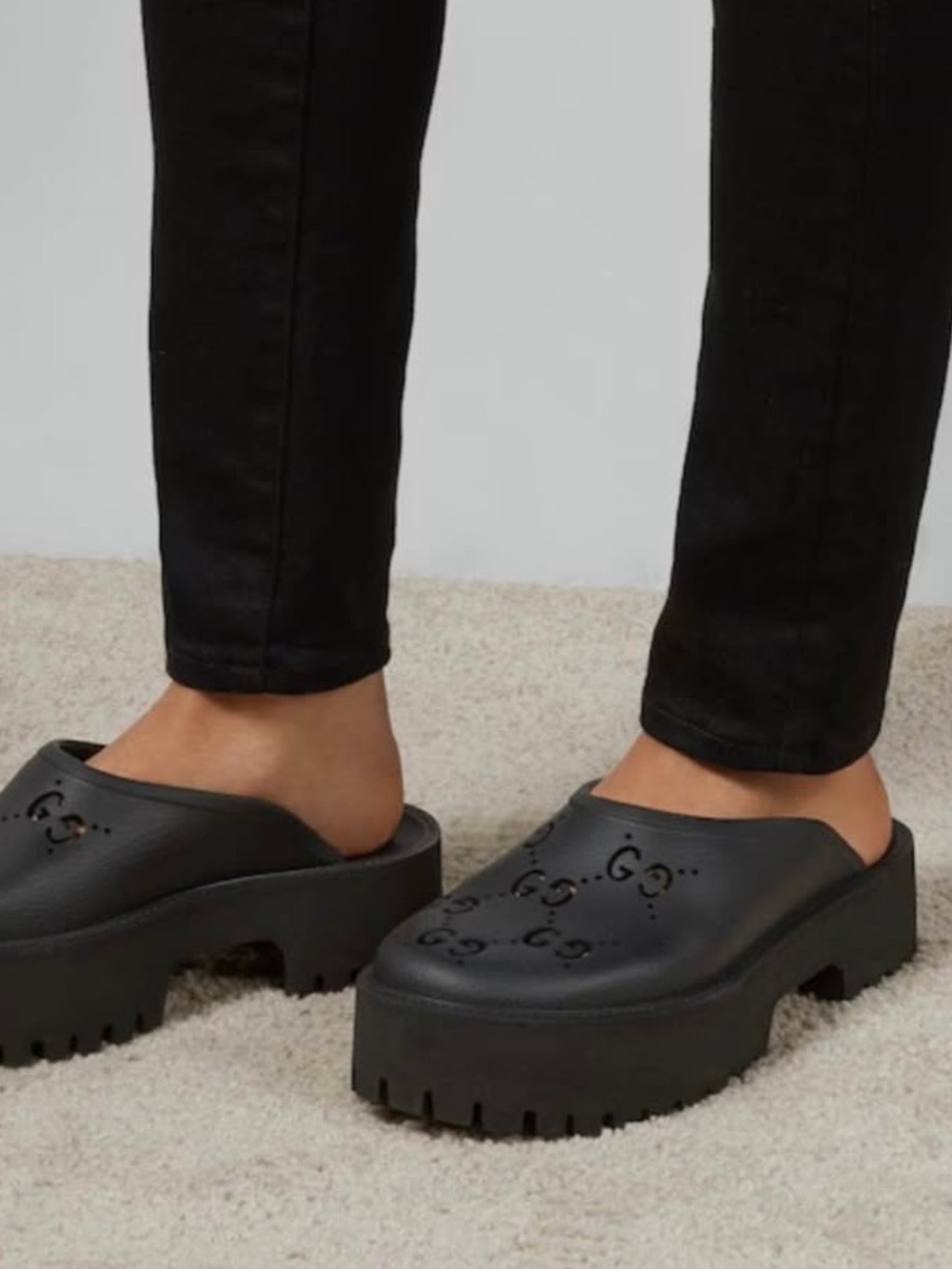Gucci Black Leather Platform Clogs with Perforated Logo